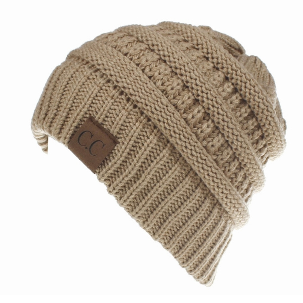Messy Bun Beanie Hat With Bun/Ponytail Hole At Top OSFA TAN BEIGE - Picture 3 of 4